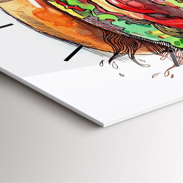 Ceas pătrat de perete din sticlă Burger cu brânză XXL