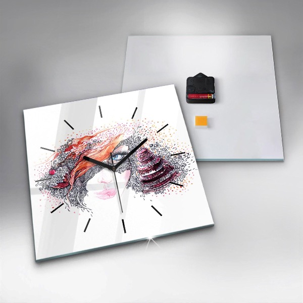 Ceas pătrat de perete din sticlă Femeie dulce cu tort