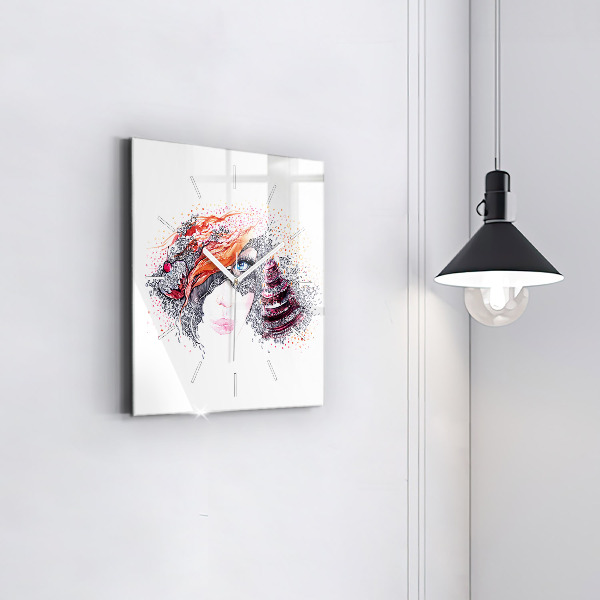 Ceas pătrat de perete din sticlă Femeie dulce cu tort
