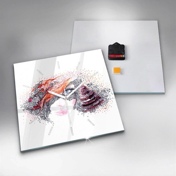 Ceas pătrat de perete din sticlă Femeie dulce cu tort