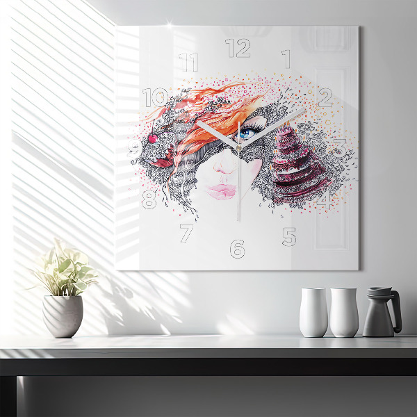 Ceas pătrat de perete din sticlă Femeie dulce cu tort