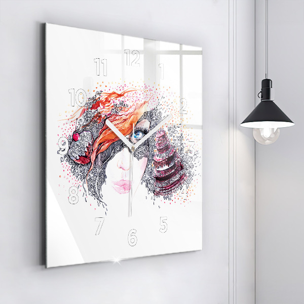 Ceas pătrat de perete din sticlă Femeie dulce cu tort