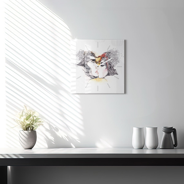 Ceas pătrat de perete din sticlă Desen sărut de dragoste