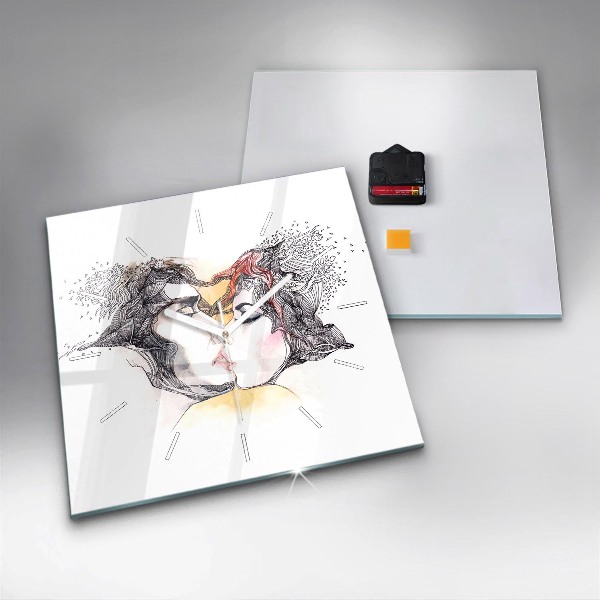 Ceas pătrat de perete din sticlă Desen sărut de dragoste