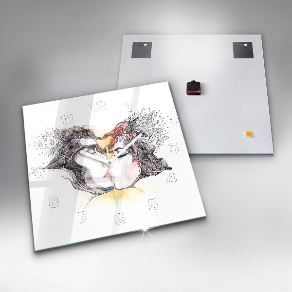 Ceas pătrat de perete din sticlă Desen sărut de dragoste