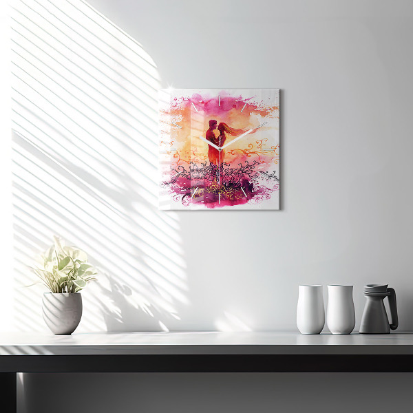 Ceas pătrat de perete din sticlă Acuarele cuplu de îndrăgostiți