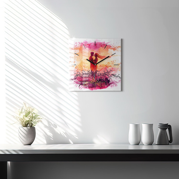 Ceas pătrat de perete din sticlă Acuarele cuplu de îndrăgostiți