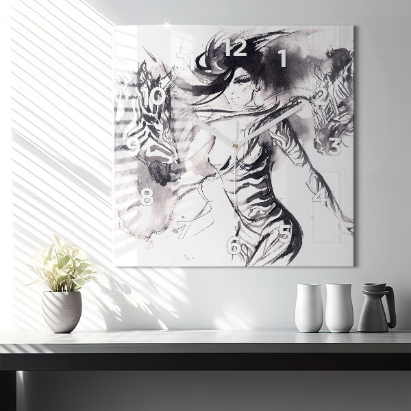 Ceas pătrat de perete din sticlă Femeie și zebre