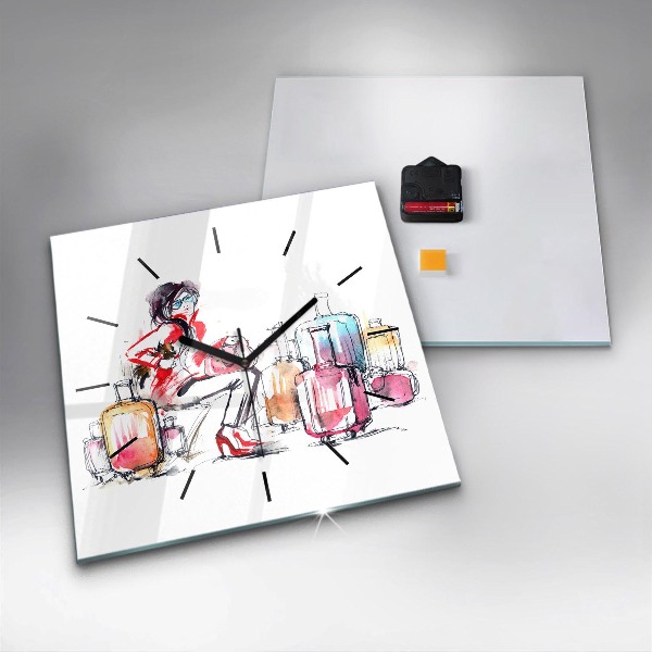Ceas pătrat de perete din sticlă Femeie cu valize