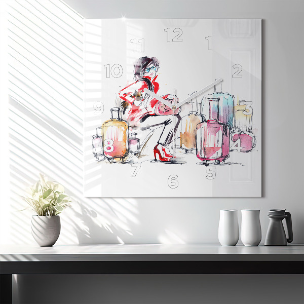 Ceas pătrat de perete din sticlă Femeie cu valize