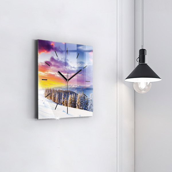 Ceas pătrat de perete din sticlă Peisaj montan de iarnă
