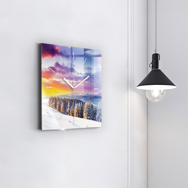 Ceas pătrat de perete din sticlă Peisaj montan de iarnă