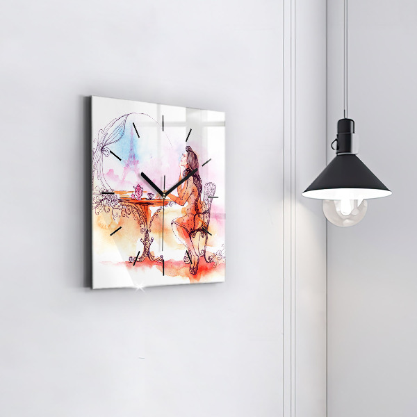 Ceas pătrat de perete din sticlă Femeie care bea ceai