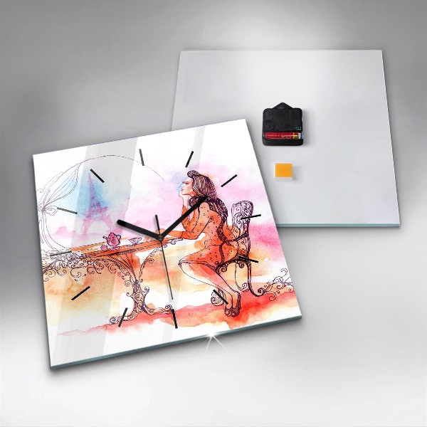 Ceas pătrat de perete din sticlă Femeie care bea ceai