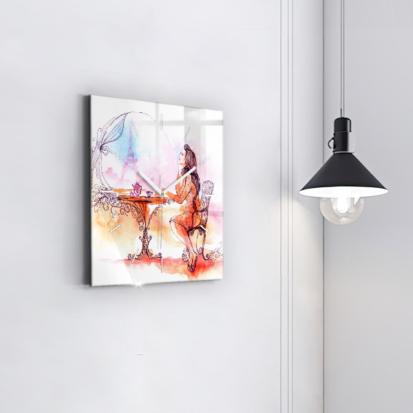 Ceas pătrat de perete din sticlă Femeie care bea ceai