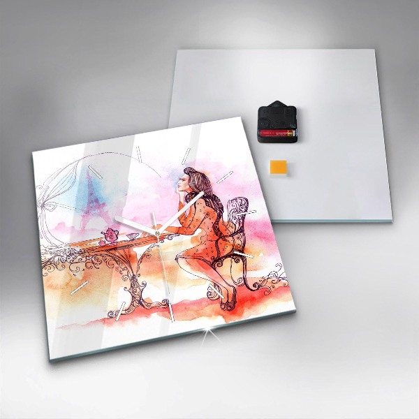 Ceas pătrat de perete din sticlă Femeie care bea ceai