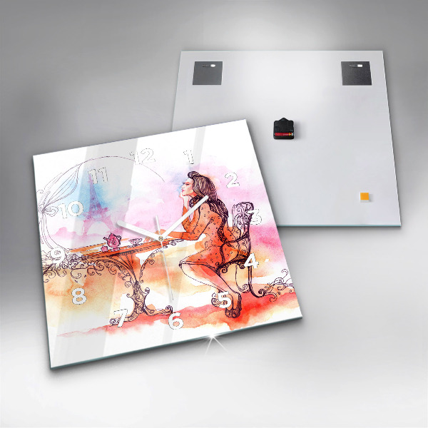 Ceas pătrat de perete din sticlă Femeie care bea ceai