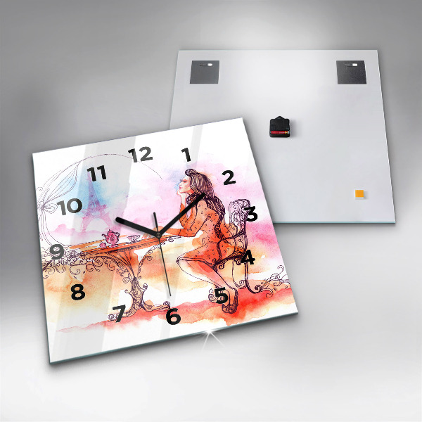 Ceas pătrat de perete din sticlă Femeie care bea ceai