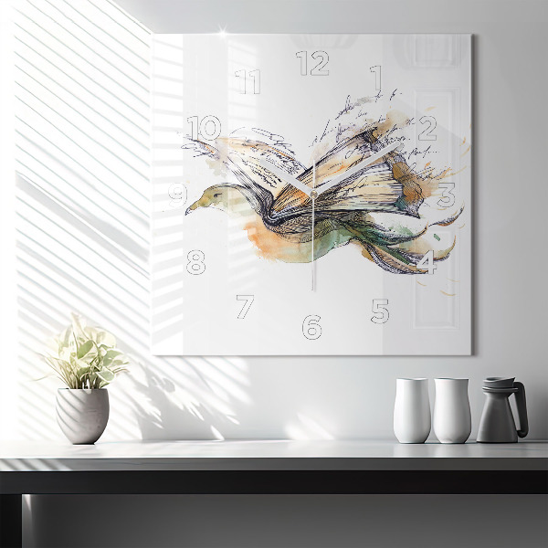 Ceas pătrat de perete din sticlă Pasăre și carte