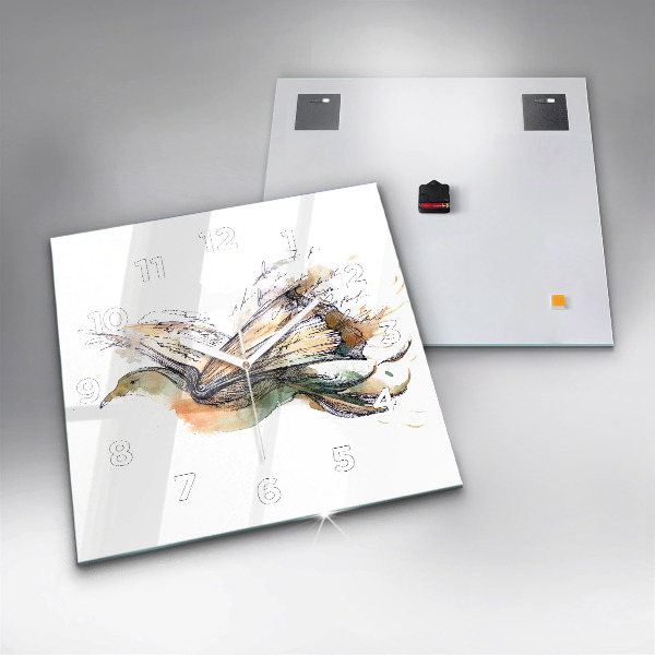 Ceas pătrat de perete din sticlă Pasăre și carte