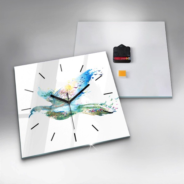 Ceas pătrat de perete din sticlă Abstracția păsărilor și a primăverii