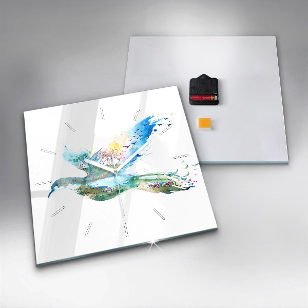 Ceas pătrat de perete din sticlă Abstracția păsărilor și a primăverii