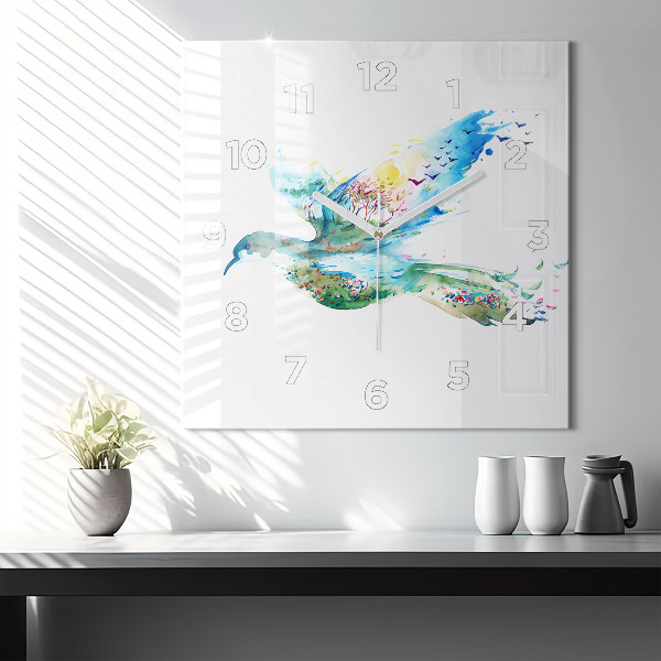 Ceas pătrat de perete din sticlă Abstracția păsărilor și a primăverii