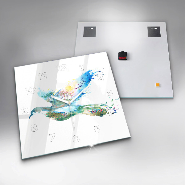 Ceas pătrat de perete din sticlă Abstracția păsărilor și a primăverii