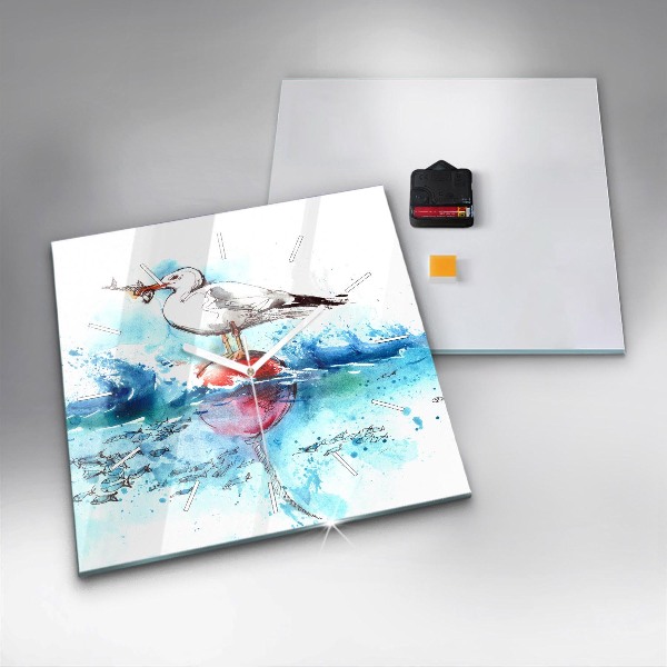 Ceas pătrat de perete din sticlă Pescăruș pictat