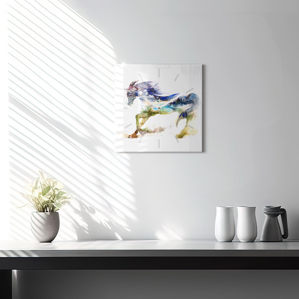 Ceas pătrat de perete din sticlă Munți pictați și cal