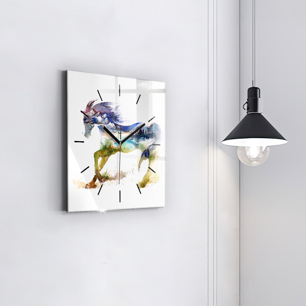 Ceas pătrat de perete din sticlă Munți pictați și cal