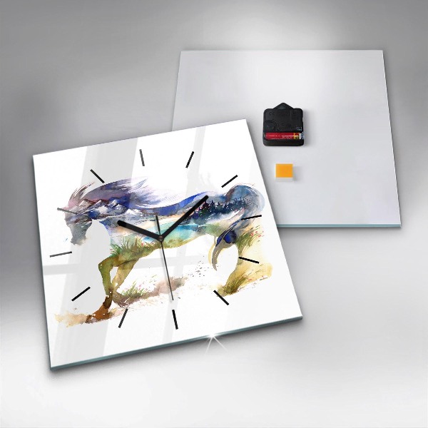 Ceas pătrat de perete din sticlă Munți pictați și cal