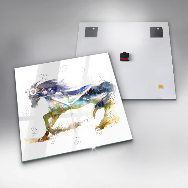 Ceas pătrat de perete din sticlă Munți pictați și cal