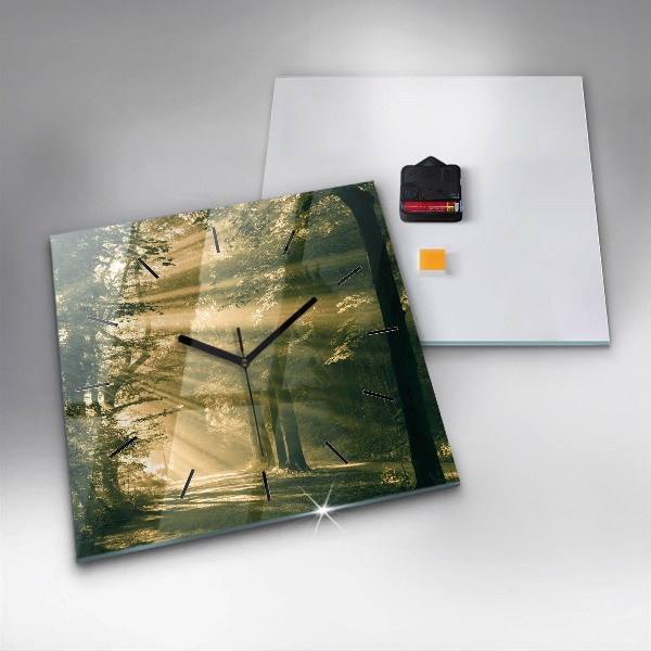 Ceas pătrat de perete din sticlă Raze de soare din pădure