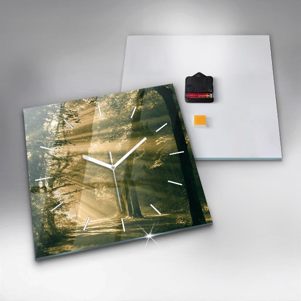 Ceas pătrat de perete din sticlă Raze de soare din pădure