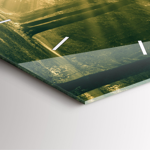 Ceas pătrat de perete din sticlă Raze de soare din pădure