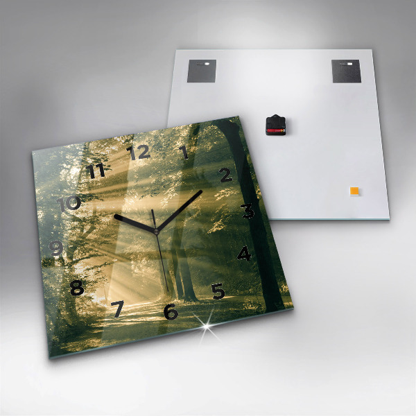 Ceas pătrat de perete din sticlă Raze de soare din pădure