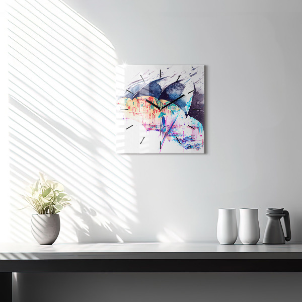 Ceas pătrat de perete din sticlă Umbrelă de ploaie și oraș