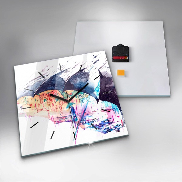 Ceas pătrat de perete din sticlă Umbrelă de ploaie și oraș