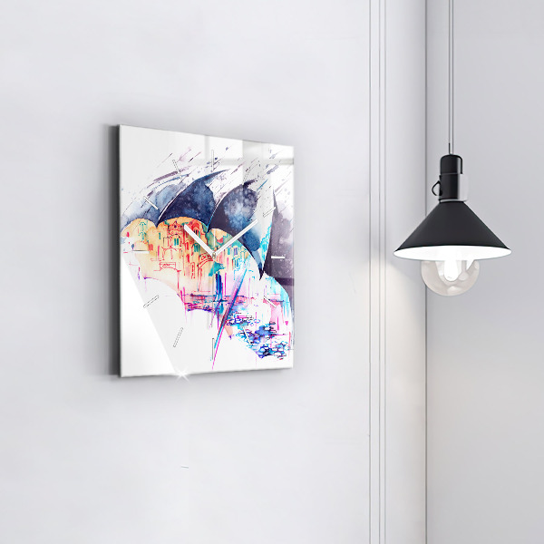 Ceas pătrat de perete din sticlă Umbrelă de ploaie și oraș