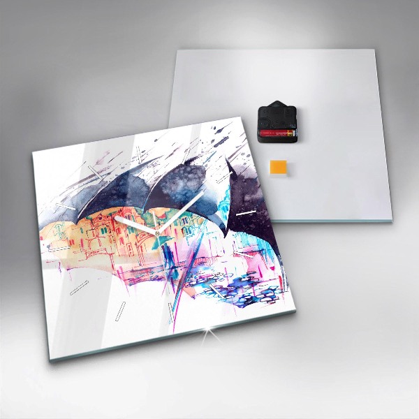 Ceas pătrat de perete din sticlă Umbrelă de ploaie și oraș