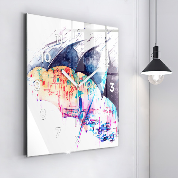 Ceas pătrat de perete din sticlă Umbrelă de ploaie și oraș