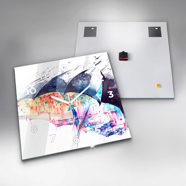 Ceas pătrat de perete din sticlă Umbrelă de ploaie și oraș