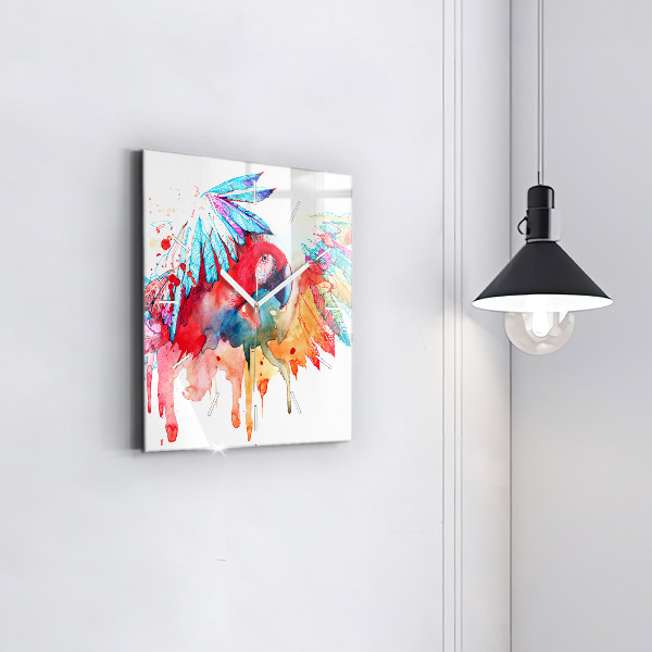 Ceas pătrat de perete din sticlă Papagal roșu colorat