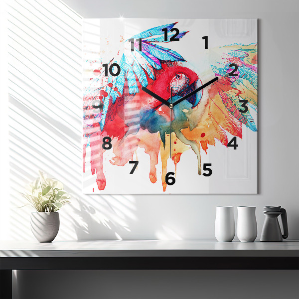 Ceas pătrat de perete din sticlă Papagal roșu colorat