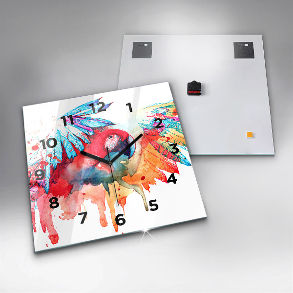 Ceas pătrat de perete din sticlă Papagal roșu colorat