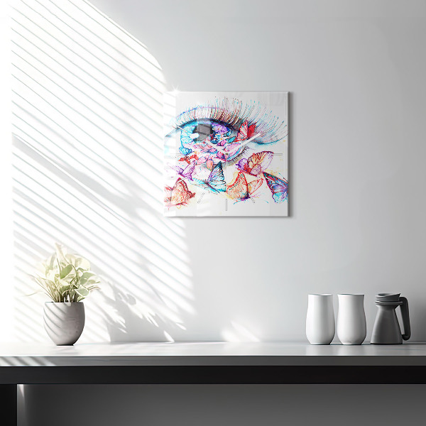 Ceas pătrat de perete din sticlă Ochi de fluture colorat