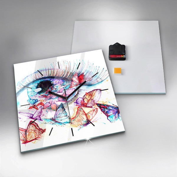 Ceas pătrat de perete din sticlă Ochi de fluture colorat