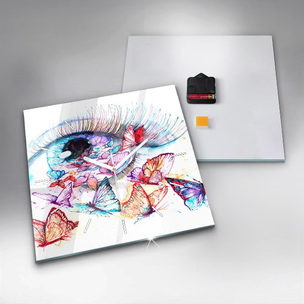 Ceas pătrat de perete din sticlă Ochi de fluture colorat