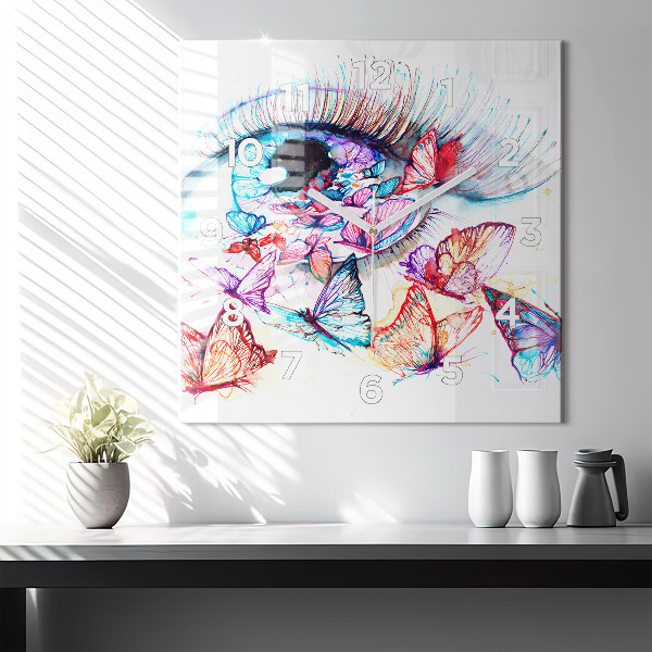 Ceas pătrat de perete din sticlă Ochi de fluture colorat